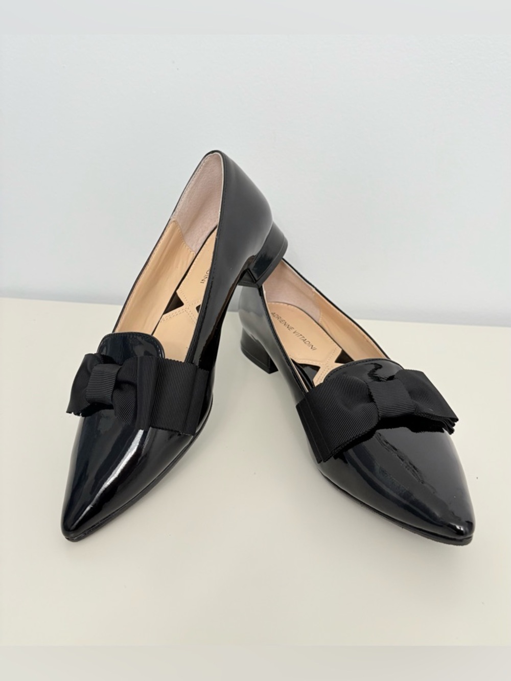 Adrienne Vittadini Black Patent Leather Pointed Toe Bow Loafer Flats - Women